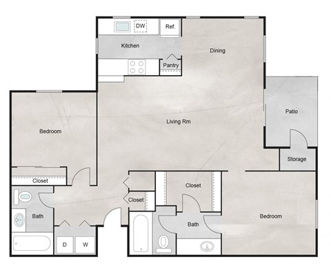 Floor plan for 2 beds, 2 baths, 1074 sqft
